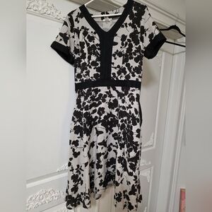 Black & White Floral Fit-and-Flare Dress with V-Neck Trim